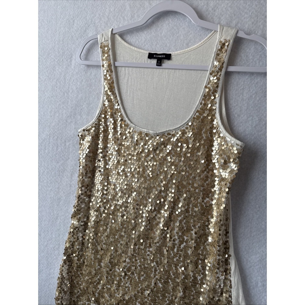Express Gold Sequin Modal Cotton Sleeveless Scoop‎ Tank S Boho Chic Glam Party - Picture 3 of 9